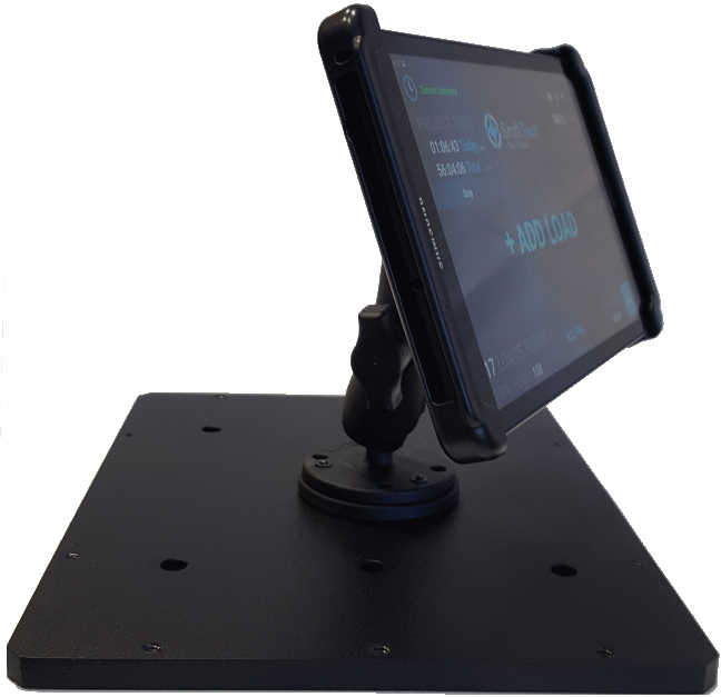 Tablet mounted on arm displaying Smithtech Time Clock